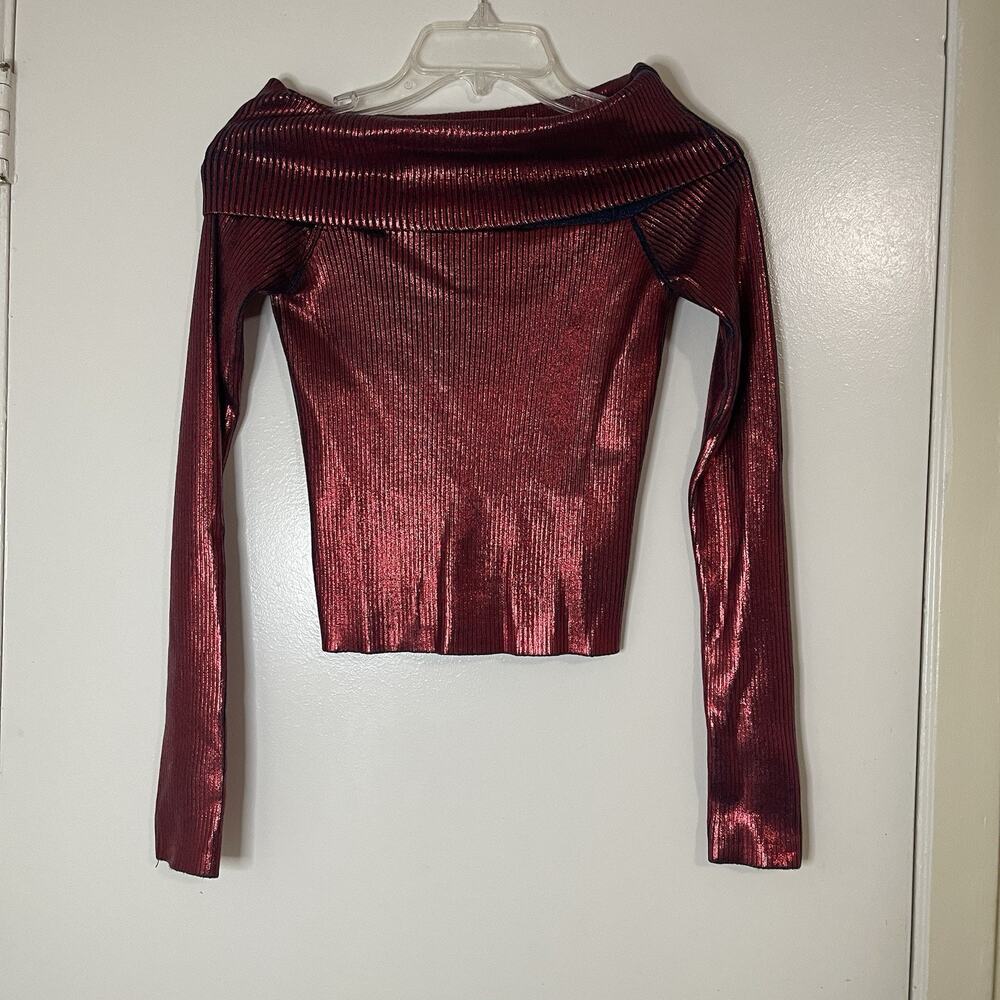 ZARA red ribbed off shoulder shimmer metallic long sleeve top size small -read